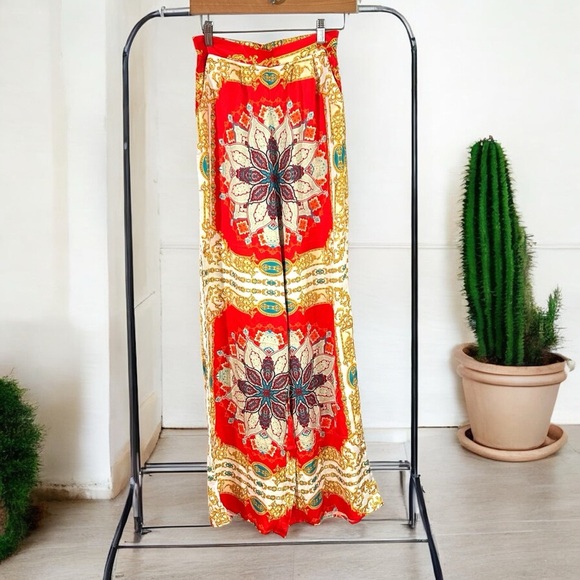 Minaa Monroe NEW Boho Print Satin High Waist Wide Leg Palazzo Pants S - Picture 4 of 10